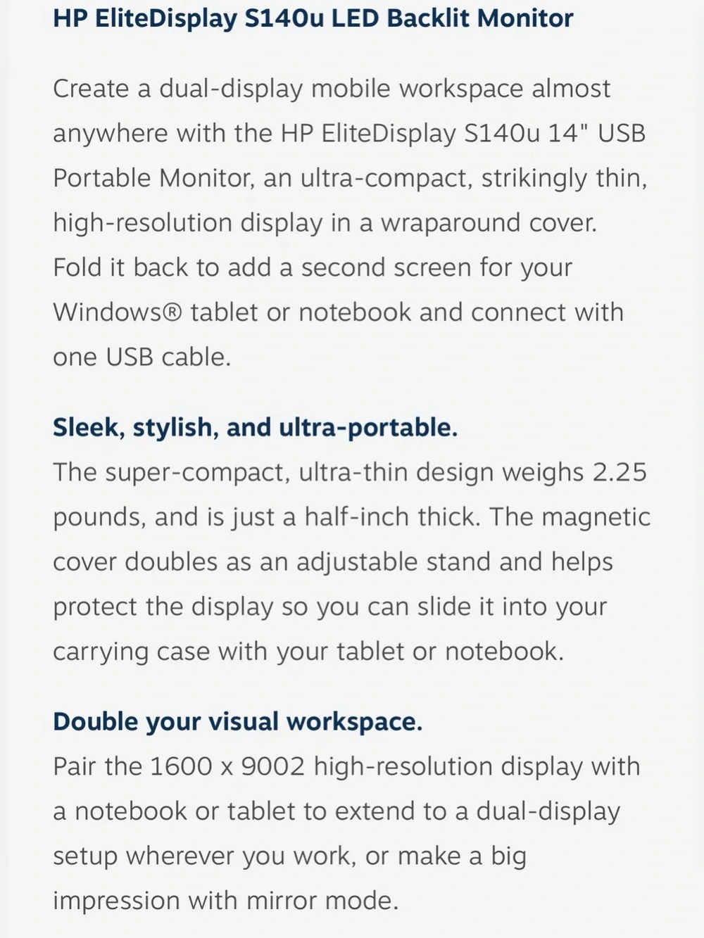 NIB HP Elite Display Model S140u - 14” Back Lit LCD Portable Monitor USB